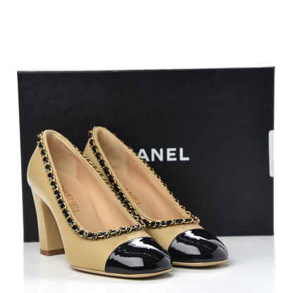 Chanel Calfskin Patent Calfskin Chain Cap Toe Pumps 36.5 Beige Black 11 of 11