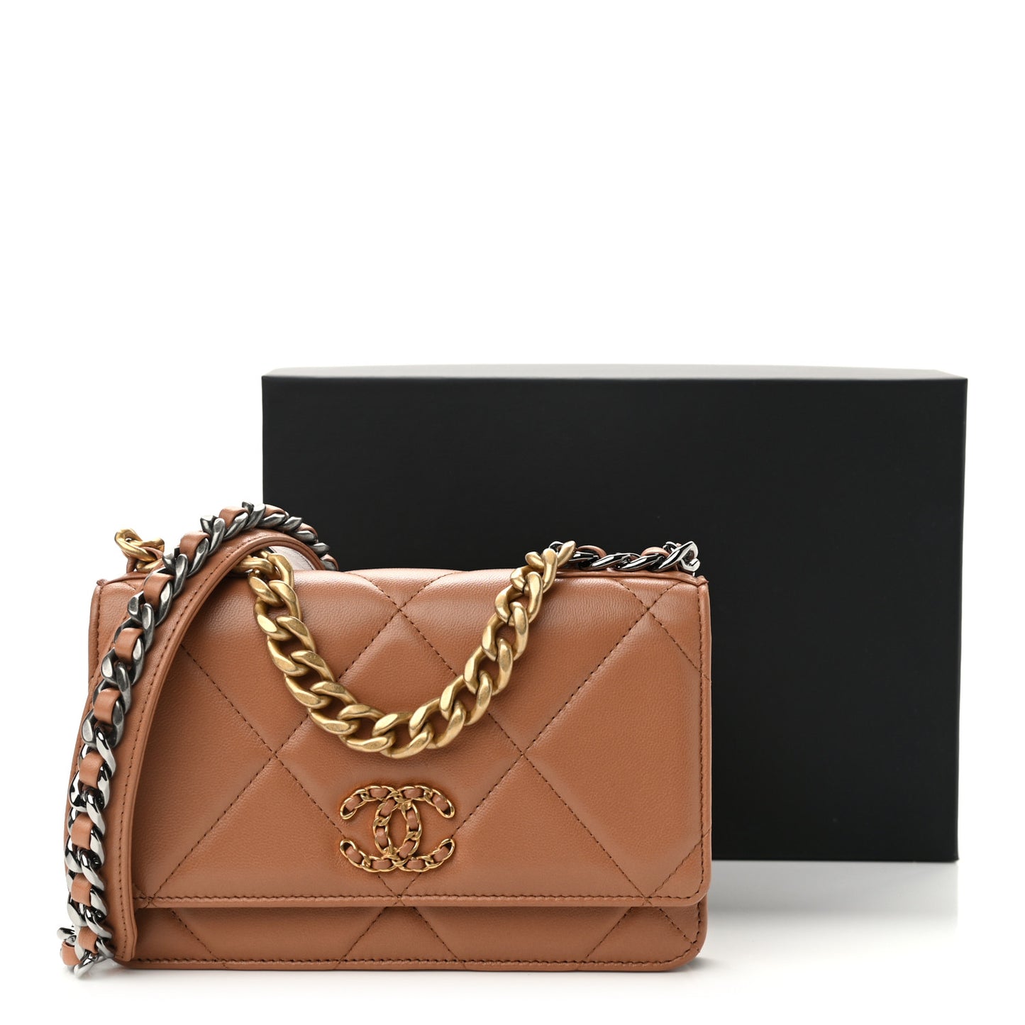 Lambskin Quilted Chanel 19 Wallet On Chain WOC Brown