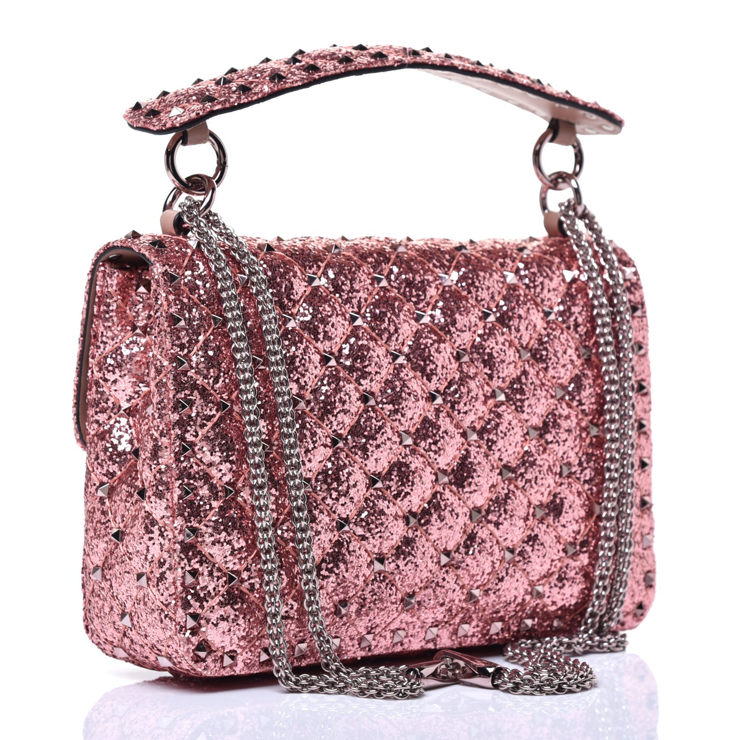 Glitter Medium Rockstud Spike Shoulder Bag Antique Pink