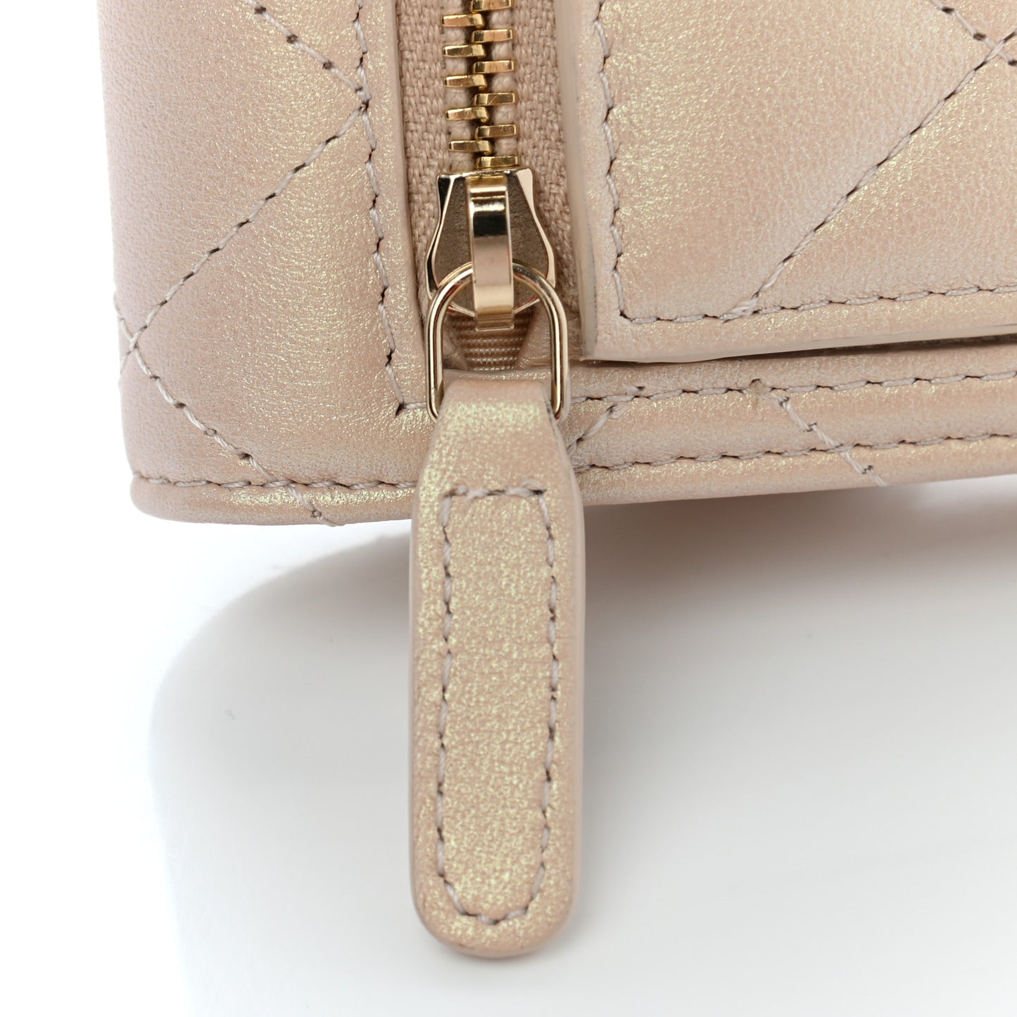 Iridescent Calfskin Quilted Compact Flap Wallet Beige