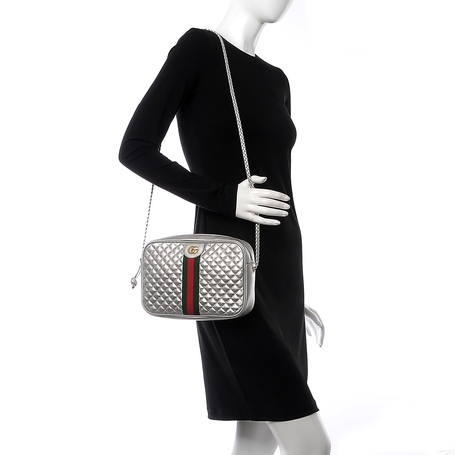 Gucci Laminated Nappa Web Trapuntata Small GG Shoulder Bag Argento 2 of 7