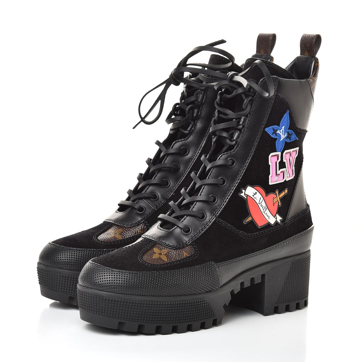 Suede Calfskin Monogram LV Black Heart Laureate Platform Desert Boots 37.5 Black