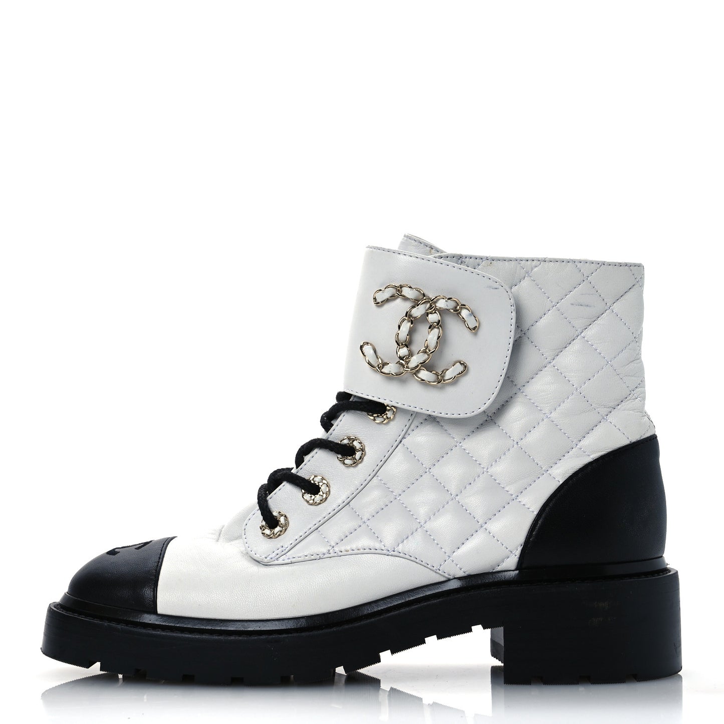 Shiny Lambskin Quilted Lace Up Combat Boots 39.5 White Black