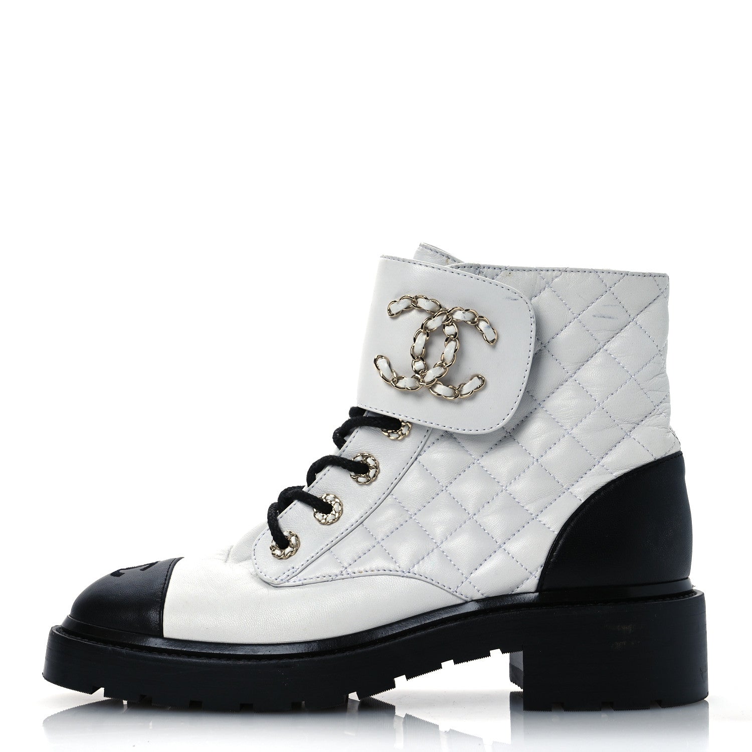 Chanel Shiny Lambskin Quilted Lace Up Combat Boots 39.5 White Black 1 of 18