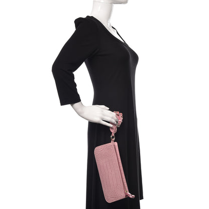 Valentino Garavani Calfskin Crocodile Embossed Crystal Wristlet Clutch Pink 2 of 9