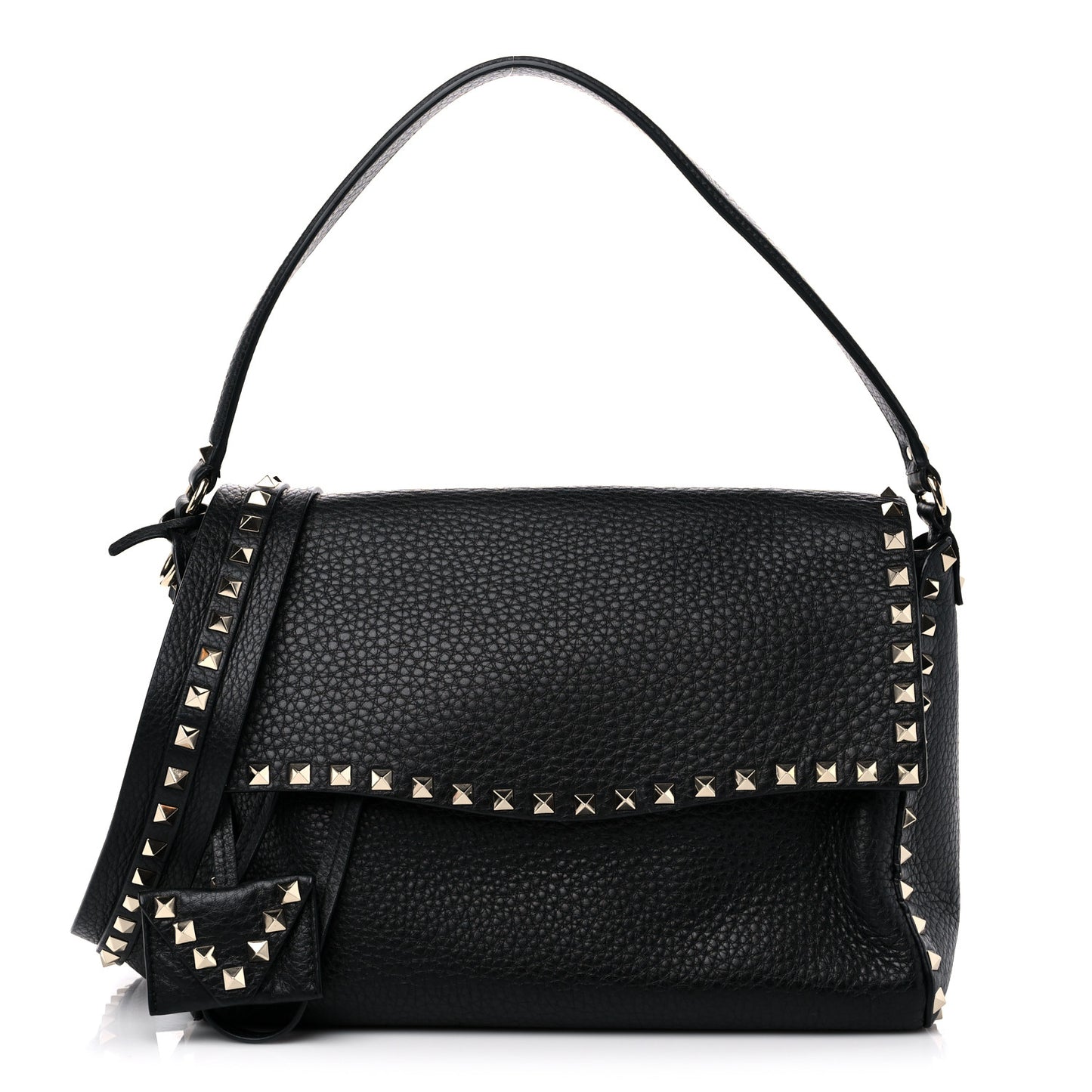 Pebbled Calfskin Rockstud Top Handle Shoulder Bag Black