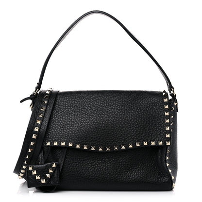 Valentino Garavani Pebbled Calfskin Rockstud Top Handle Shoulder Bag Black 1 of 11