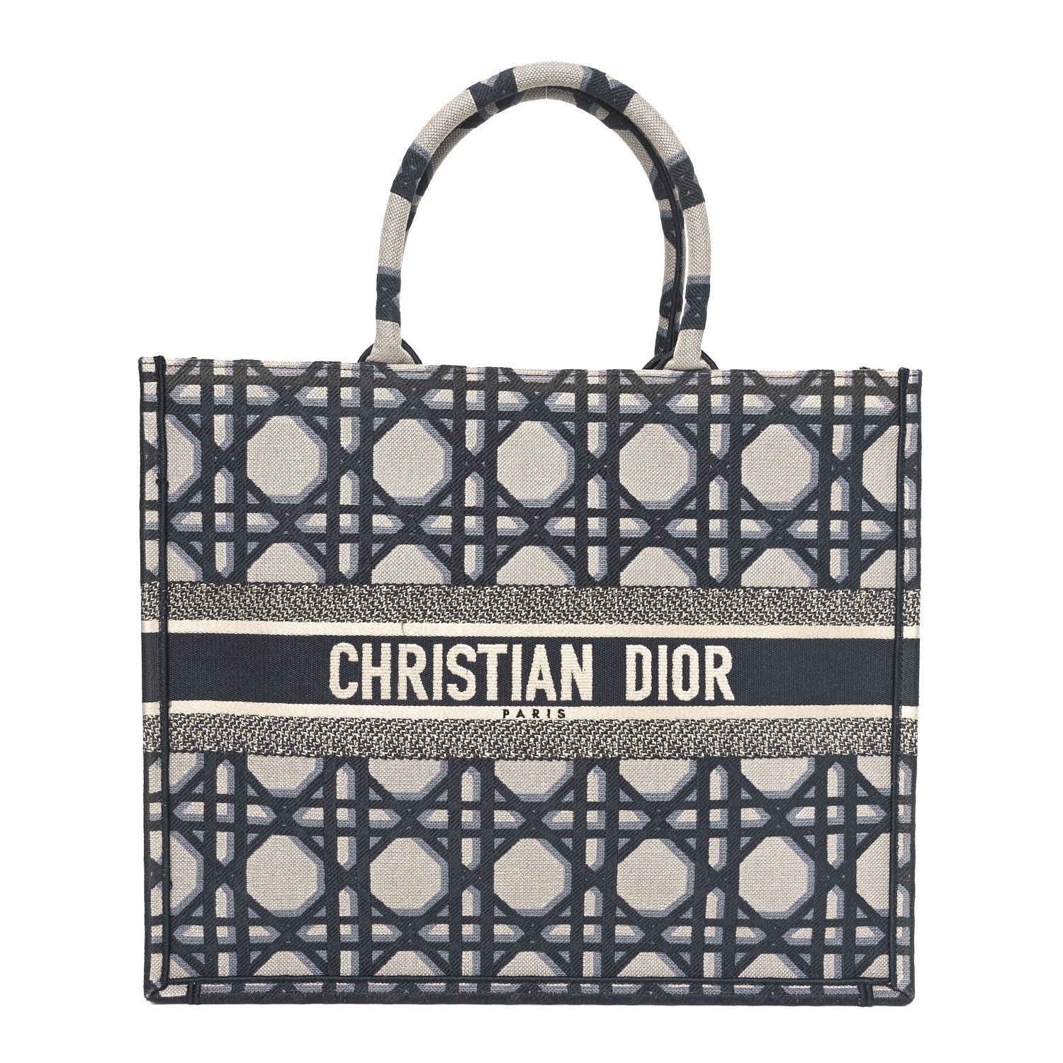 Christian Dior Canvas Macrocannage Embroidered Large Book Tote Beige Blue 1 of 9