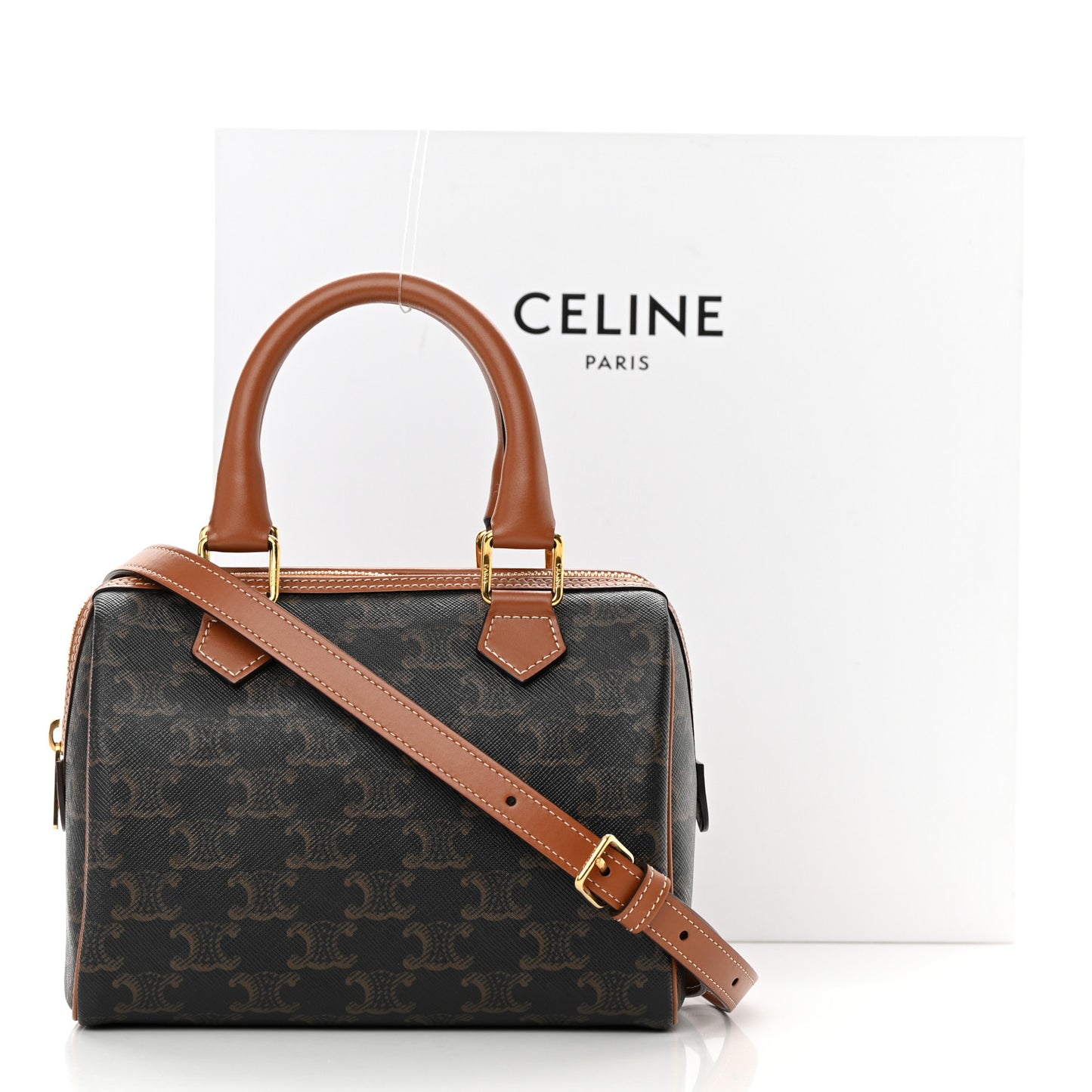 Triomphe Canvas Calfskin Small Boston Bag Tan