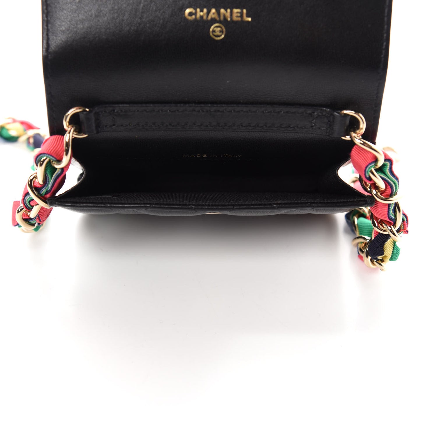 Shiny Lambskin Ribbon Quilted Flap Belt Bag Black