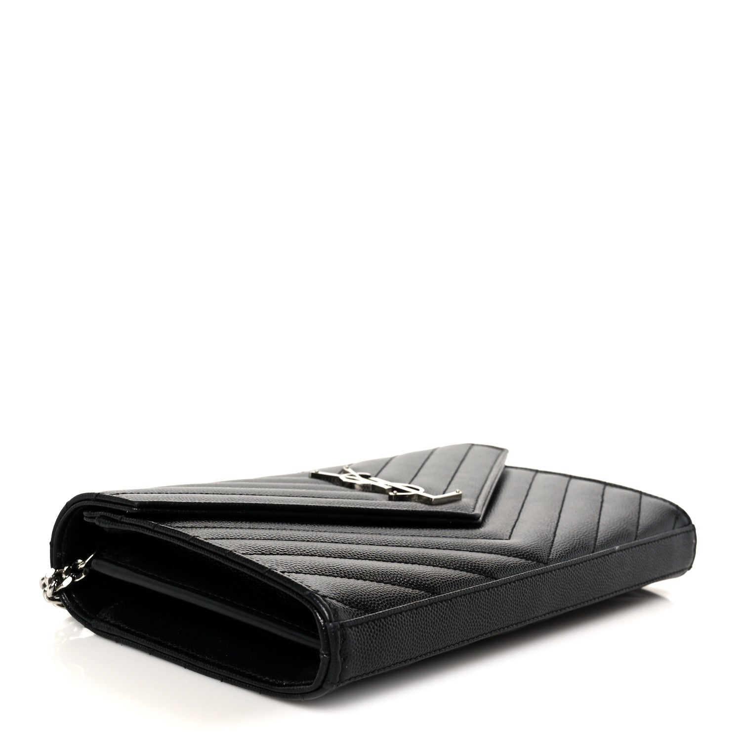Saint Laurent Grain De Poudre Matelasse Chevron Monogram Chain Wallet Black 4 of 10