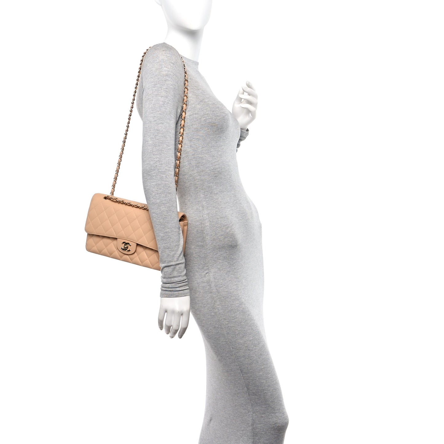 Caviar Quilted Medium Double Flap Beige