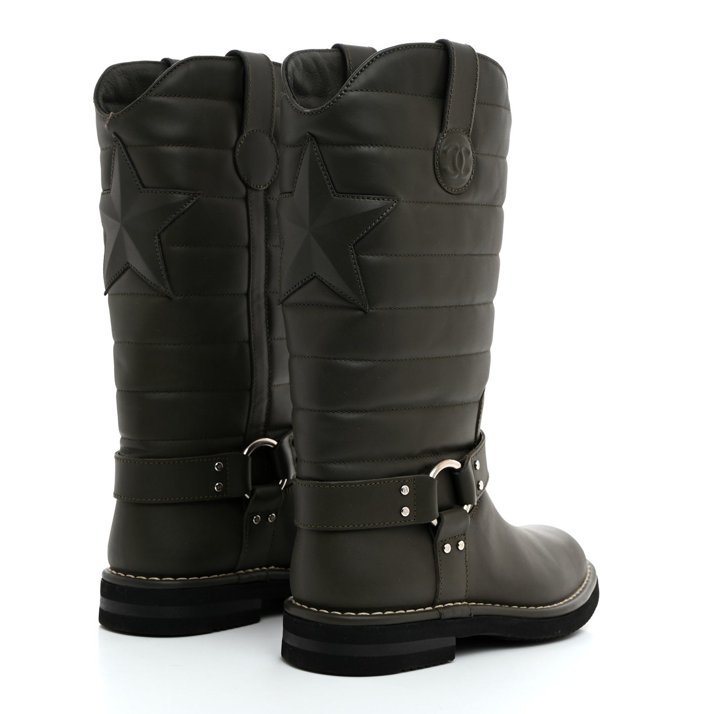 Oily Calfskin Star Quilted Biker Boots 37 Khaki