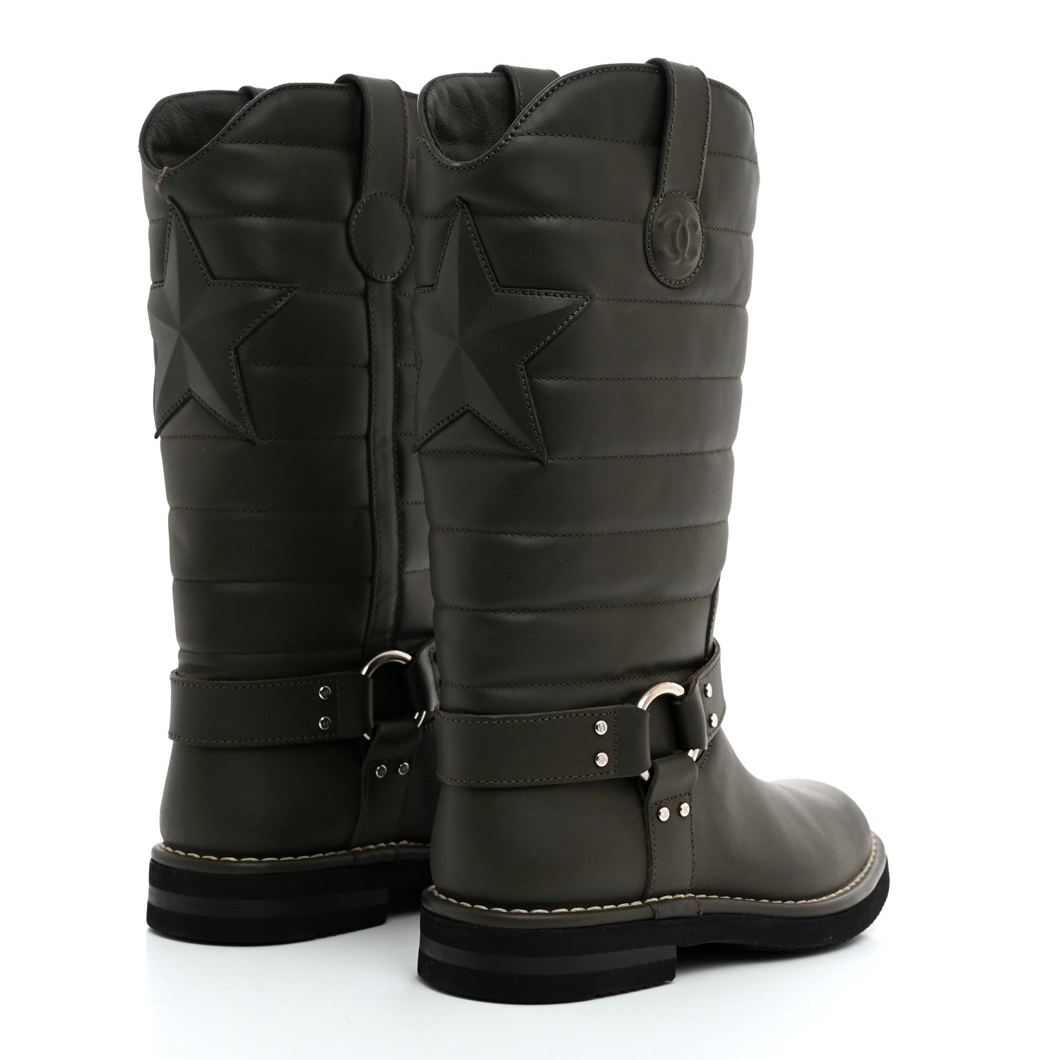 Chanel Oily Calfskin Star Quilted Biker Boots 37 Khaki 4 of 9
