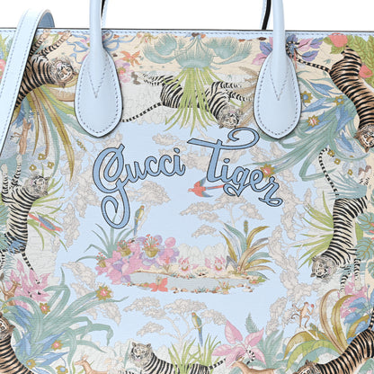Gucci New Shangai Calfskin Tiger Savanah Textured Calfskin Medium Tote Light Blue Multicolor 8 of 16