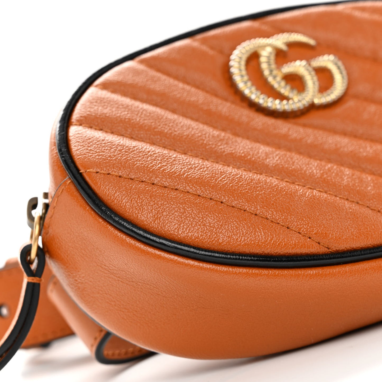 Vintage Effect Calfskin Matelasse Diagonal Torchon GG Marmont Belt Bag 85 34 Cognac