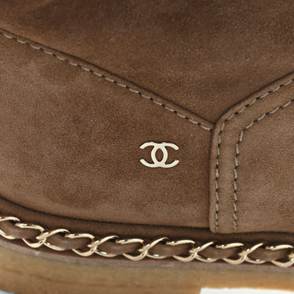 Chanel Kid Suede Shearling Womens Cap Toe Chain Short Boots 41 Light Brown Black 11 of 11