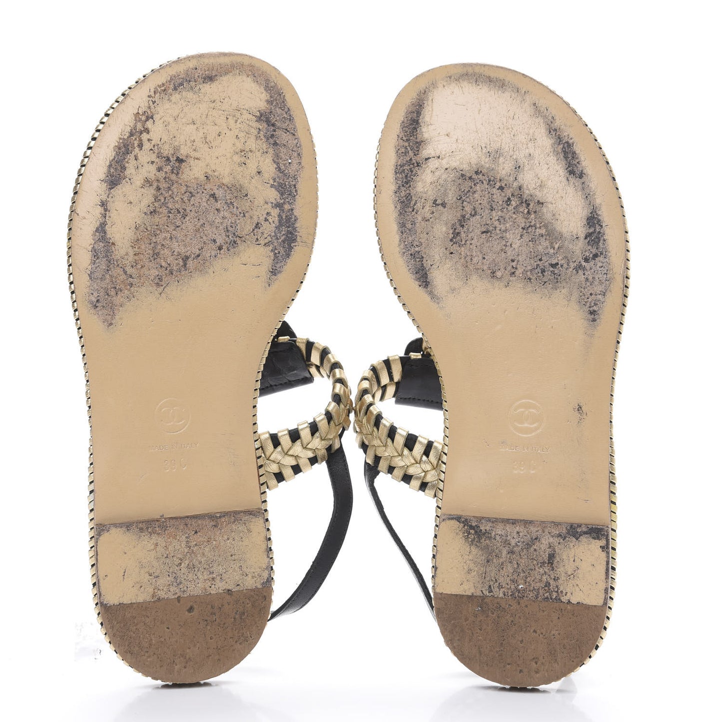 Metallic Lambskin Calfskin Braided Thong Sandals 39 Black Gold