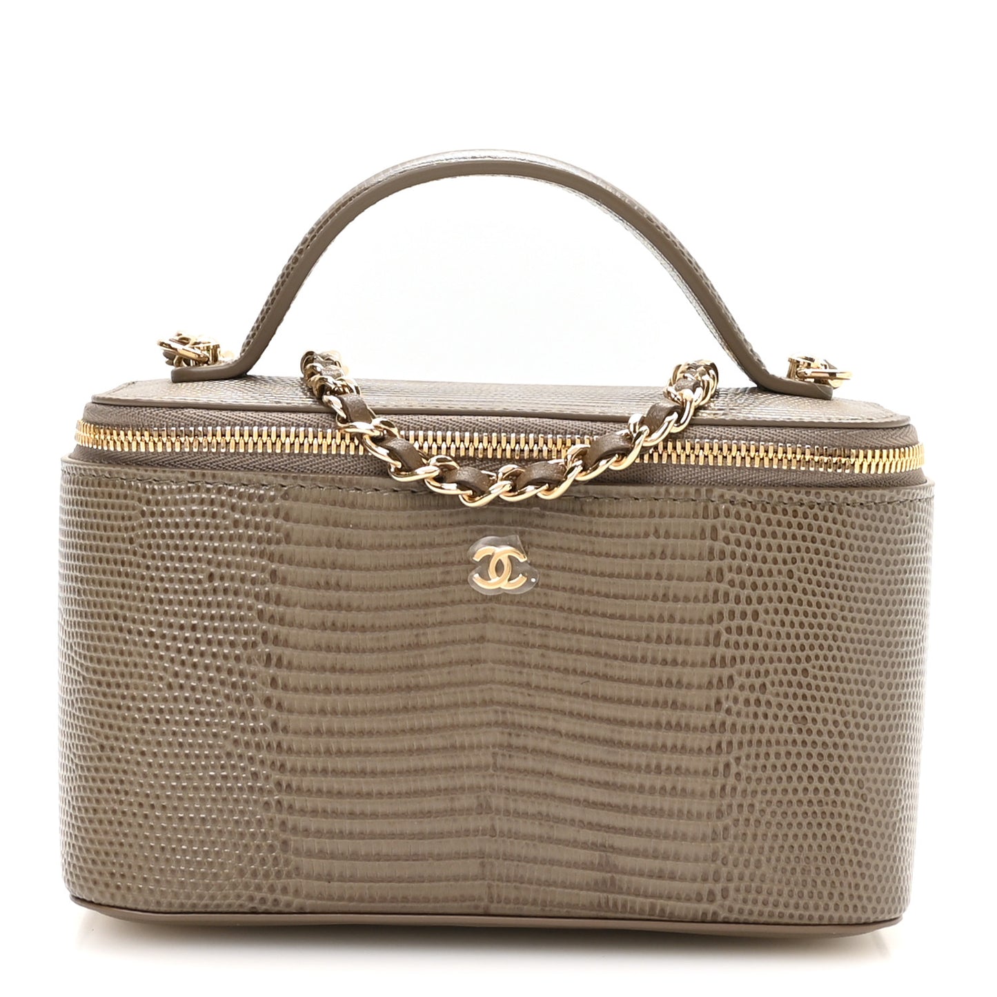 Calfskin Lizard Embossed Top Handle Vanity With Chain Dark Khaki