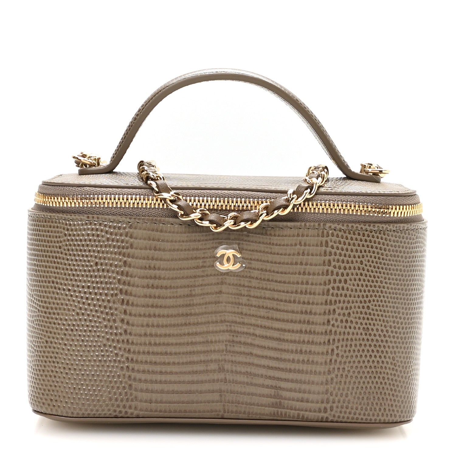 Chanel Calfskin Lizard Embossed Top Handle Vanity With Chain Dark Khaki 1 of 12