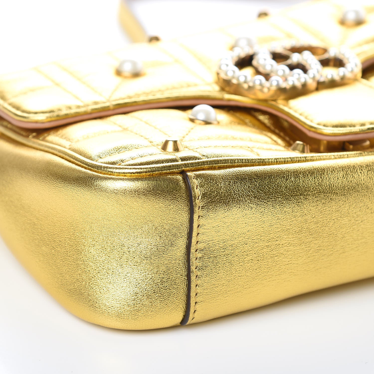 Gucci Metallic Calfskin Matelasse Studded Mini Pearly GG Marmont Shoulder Bag Gold 8 of 10