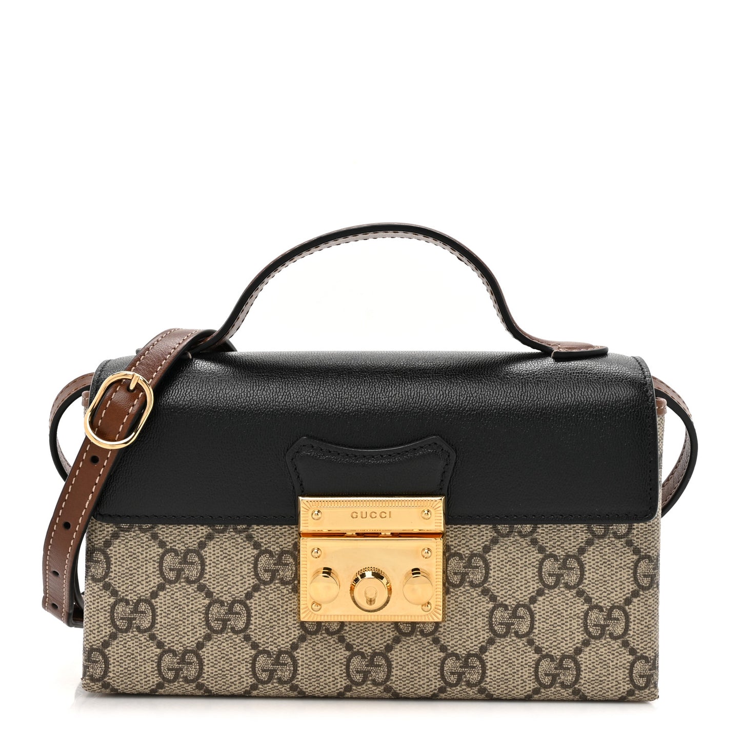 GG Supreme Monogram Calfskin Mini Padlock Top Handle Shoulder Bag Beige Black Cuir