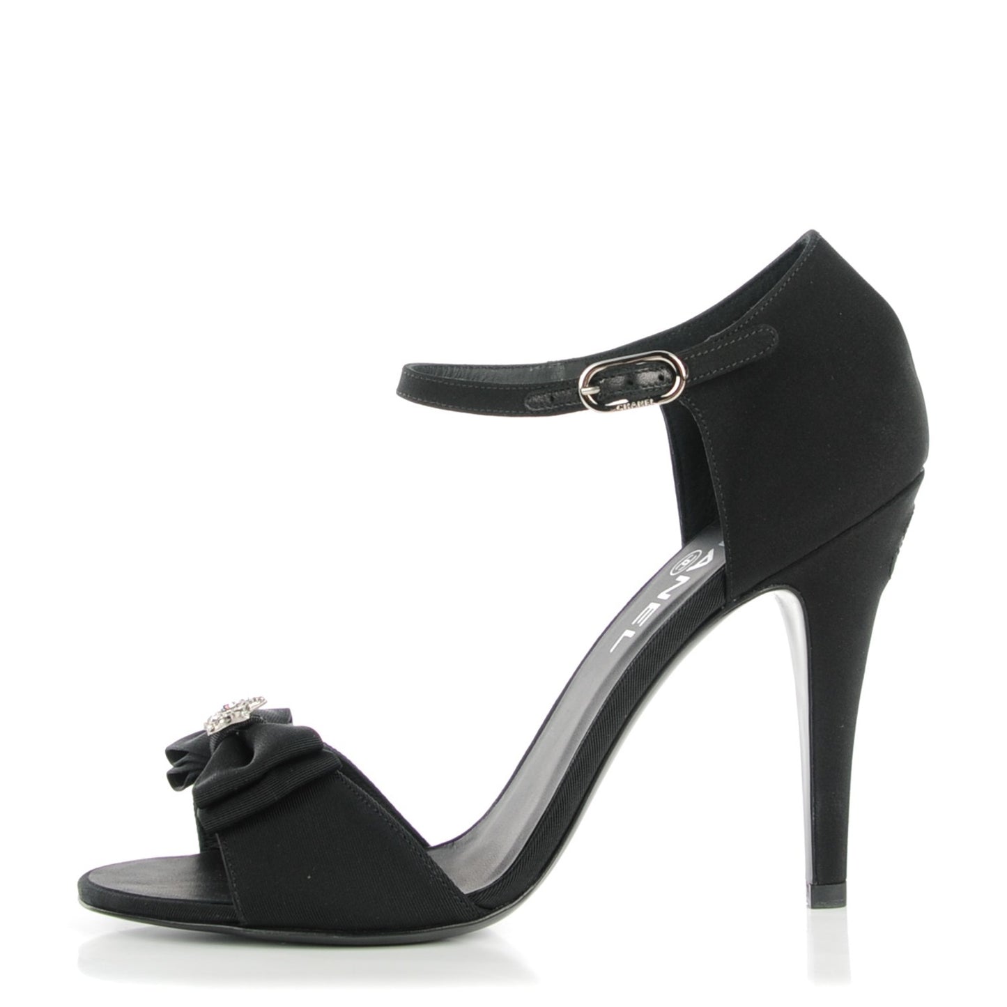 Crepe Grosgrain Crystal Bow Open Toe Sandals 39 Black