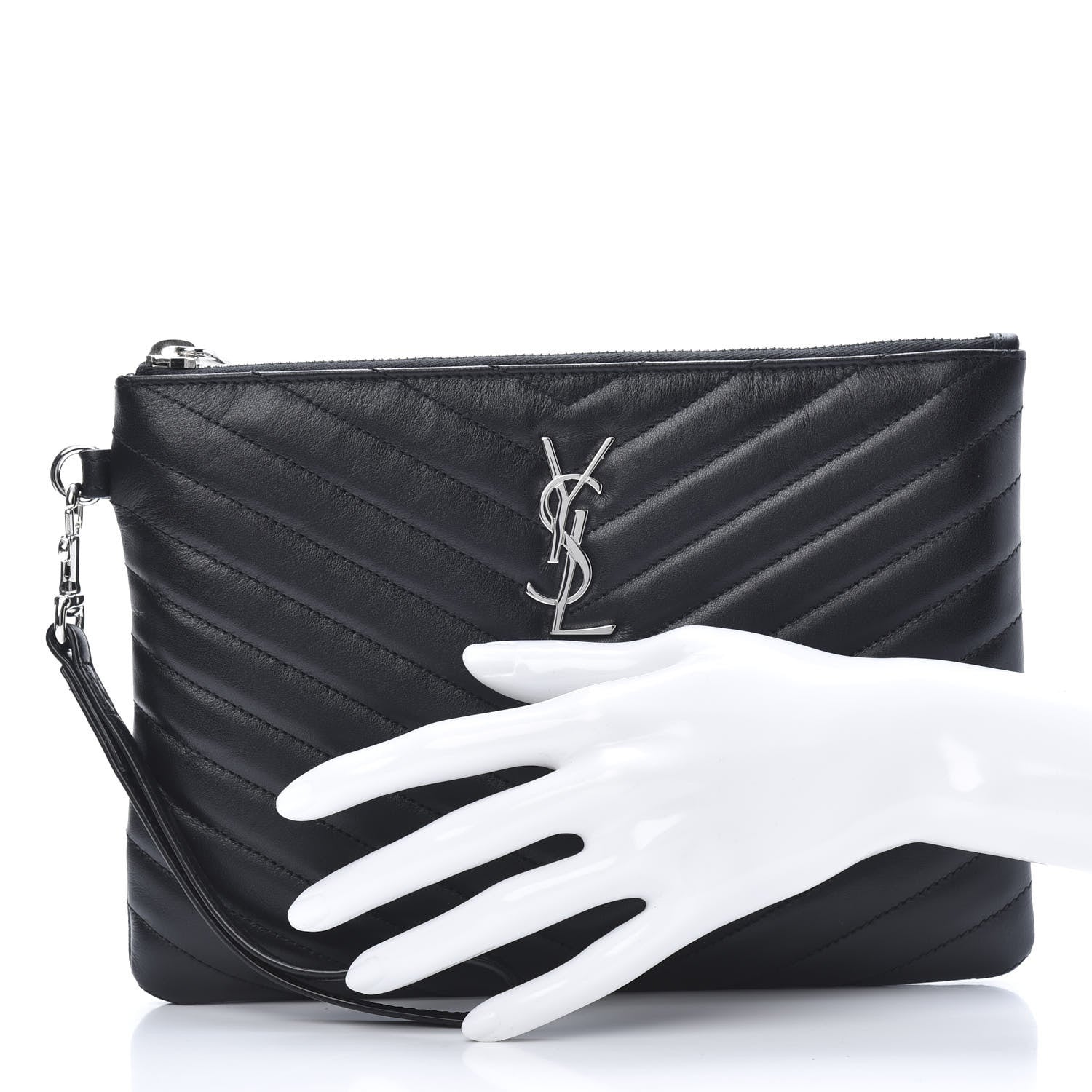 Saint Laurent Calfskin Matelasse Chevron Monogram A5 Wristlet Black 2 of 8