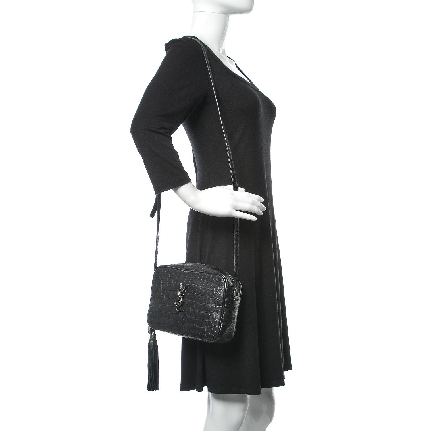 Saint Laurent Patent Calfskin Crocodile Embossed Monogram Lou Camera Bag Black 2 of 10