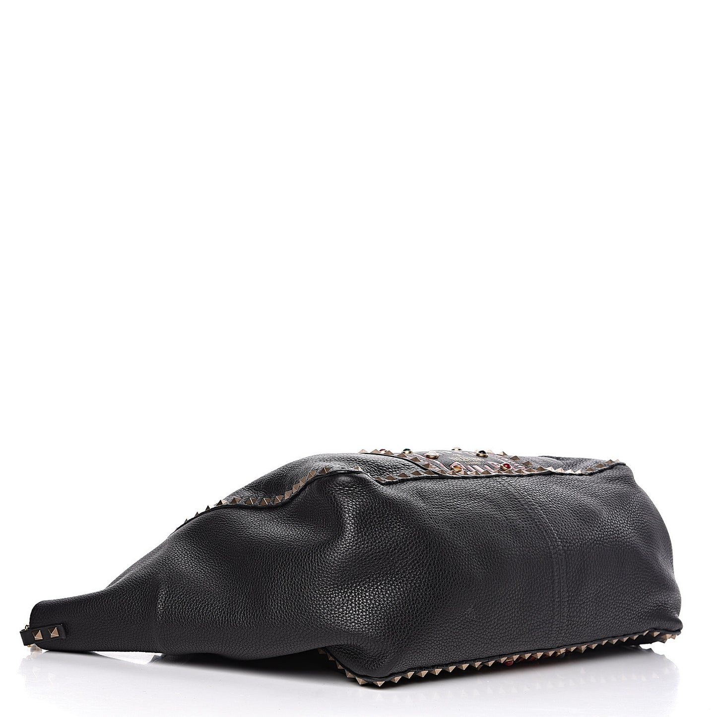 Grained Calfskin Tribal Large Rockstud Rolling Crossbody Tote Black
