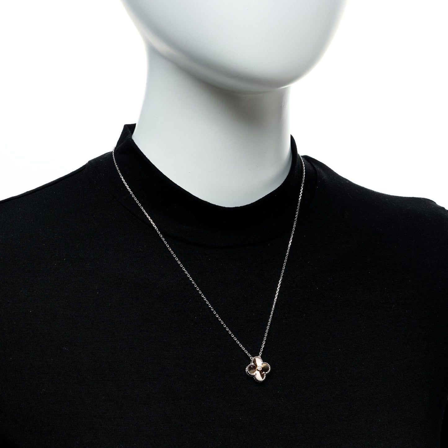 18K White Rose Gold Diamond Guilloche Vintage Alhambra Pendant Necklace