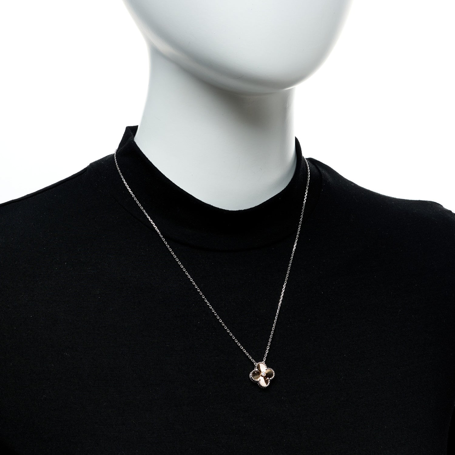Van Cleef & Arpels 18K White Rose Gold Diamond Guilloche Vintage Alhambra Pendant Necklace 2 of 5