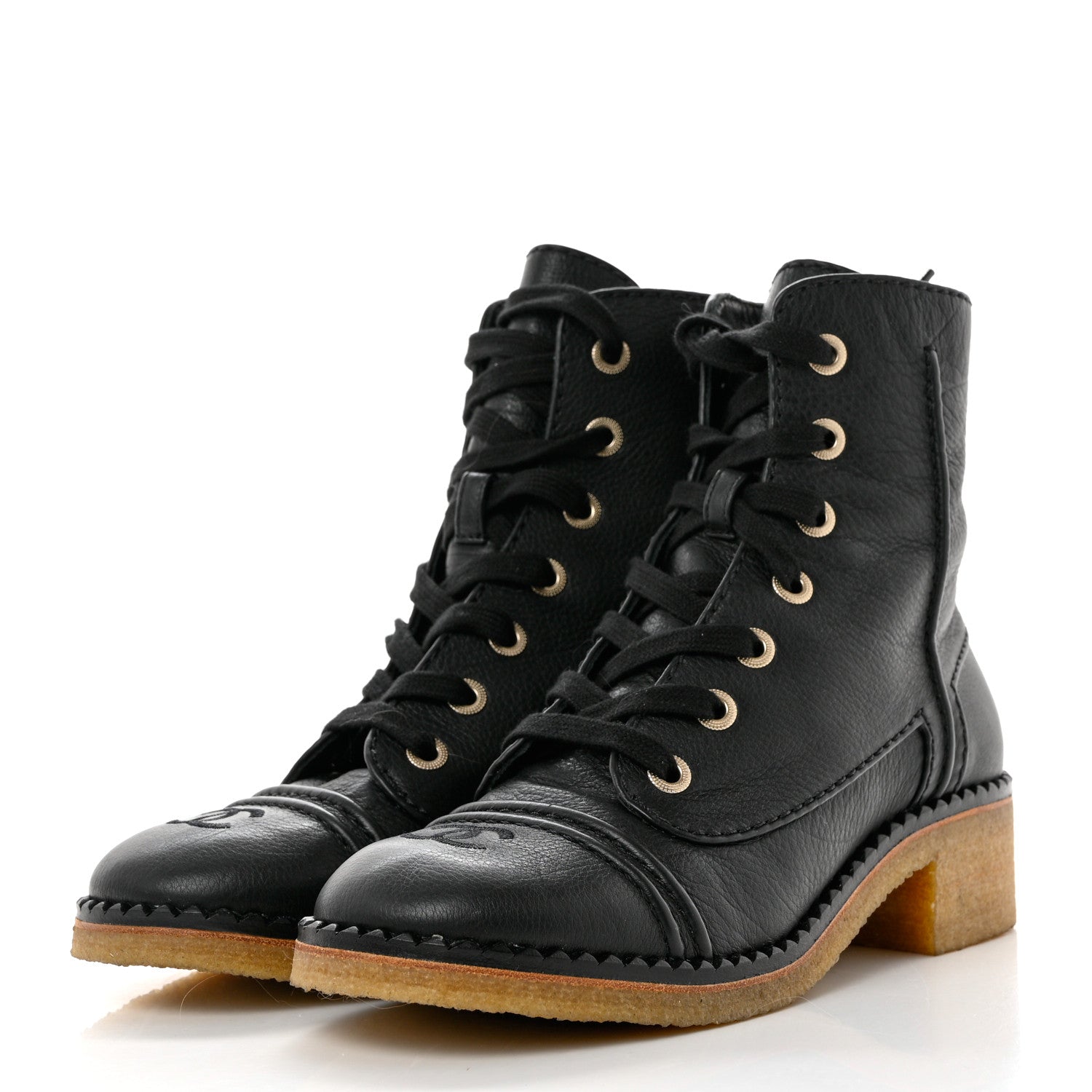Chanel Calfskin Lace Up Combat Boots 37.5 Black 3 of 9
