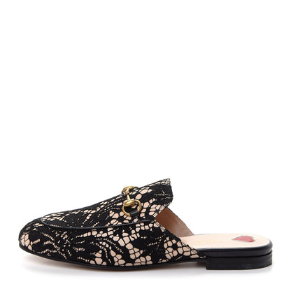Gucci Lace Malaga Kid Womens Princetown Slippers 37 Black Skin Rose 1 of 10