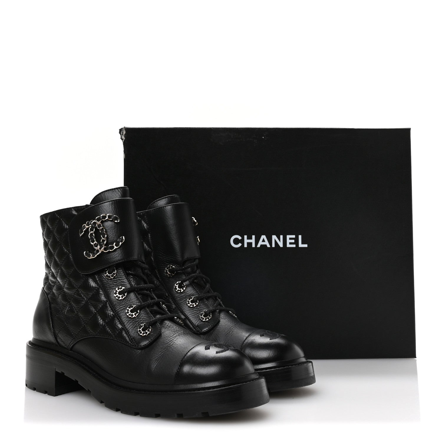 Chanel Shiny Goatskin Calfskin Quilted Lace Up Combat Boots 40.5 Black 7 of 7