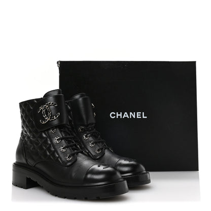 Chanel Shiny Goatskin Calfskin Quilted Lace Up Combat Boots 40.5 Black 7 of 7