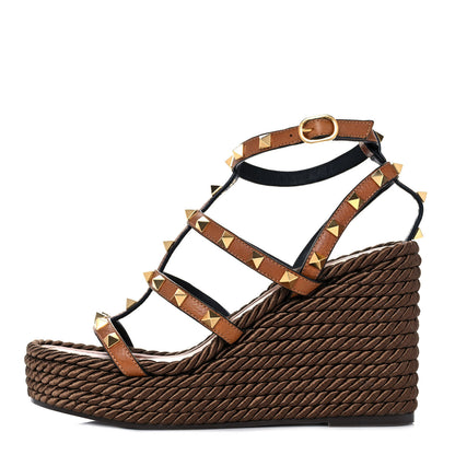 Valentino Garavani Calfskin Rockstud Ankle Strap Torchon Espadrille Caged 25/95mm Wedge Sandals 36 Cuoio 1 of 8