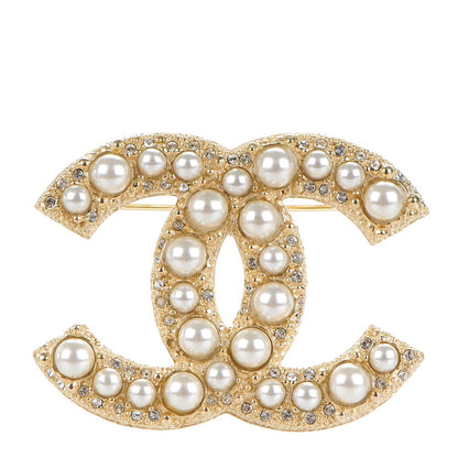 Chanel Pearl Crystal CC Brooch Gold 1 of 5