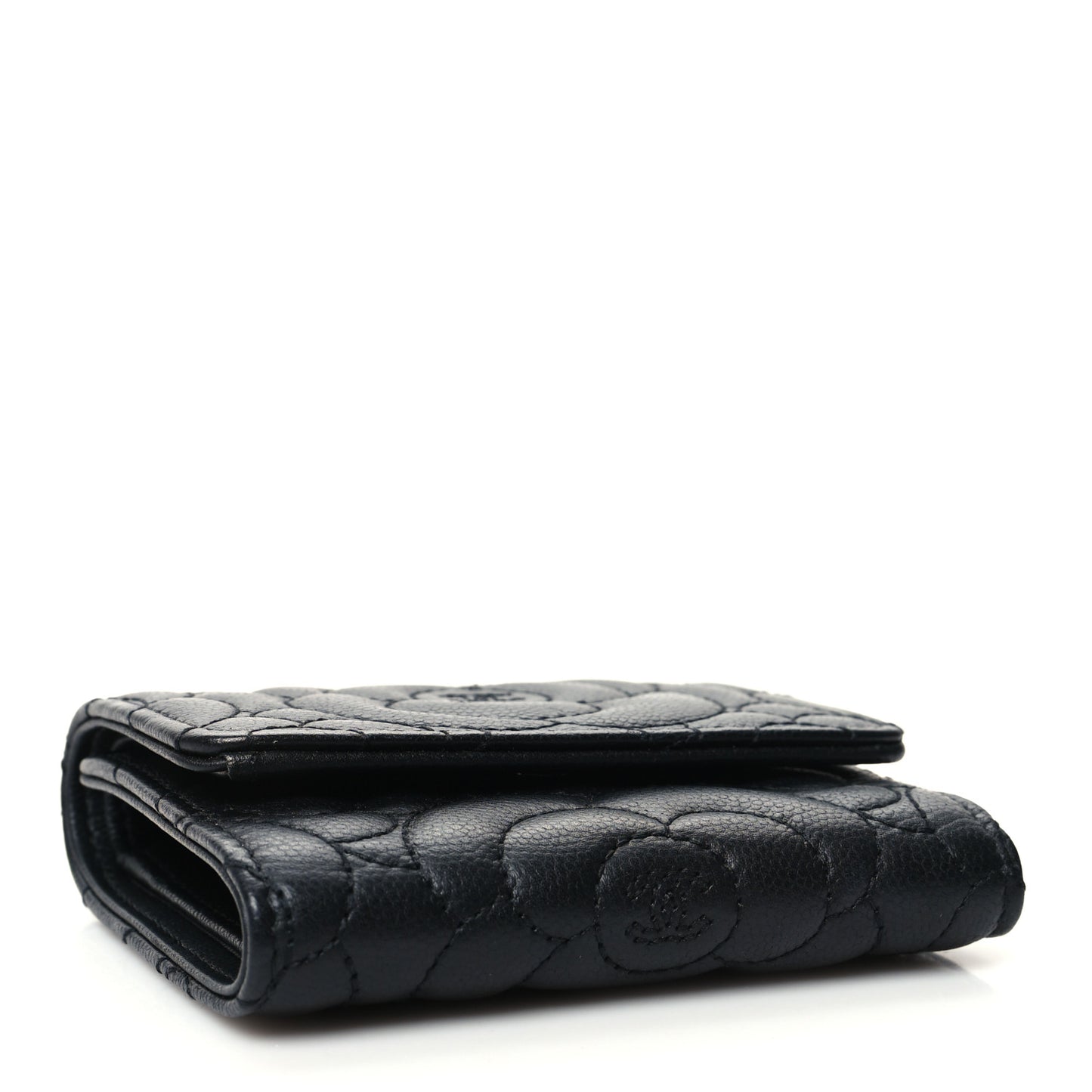 Caviar Camellia Embossed Compact Wallet Black