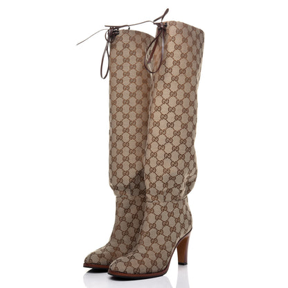 Gucci Monogram Lisa Mid Heel Boots 38 Beige Ebony 3 of 12