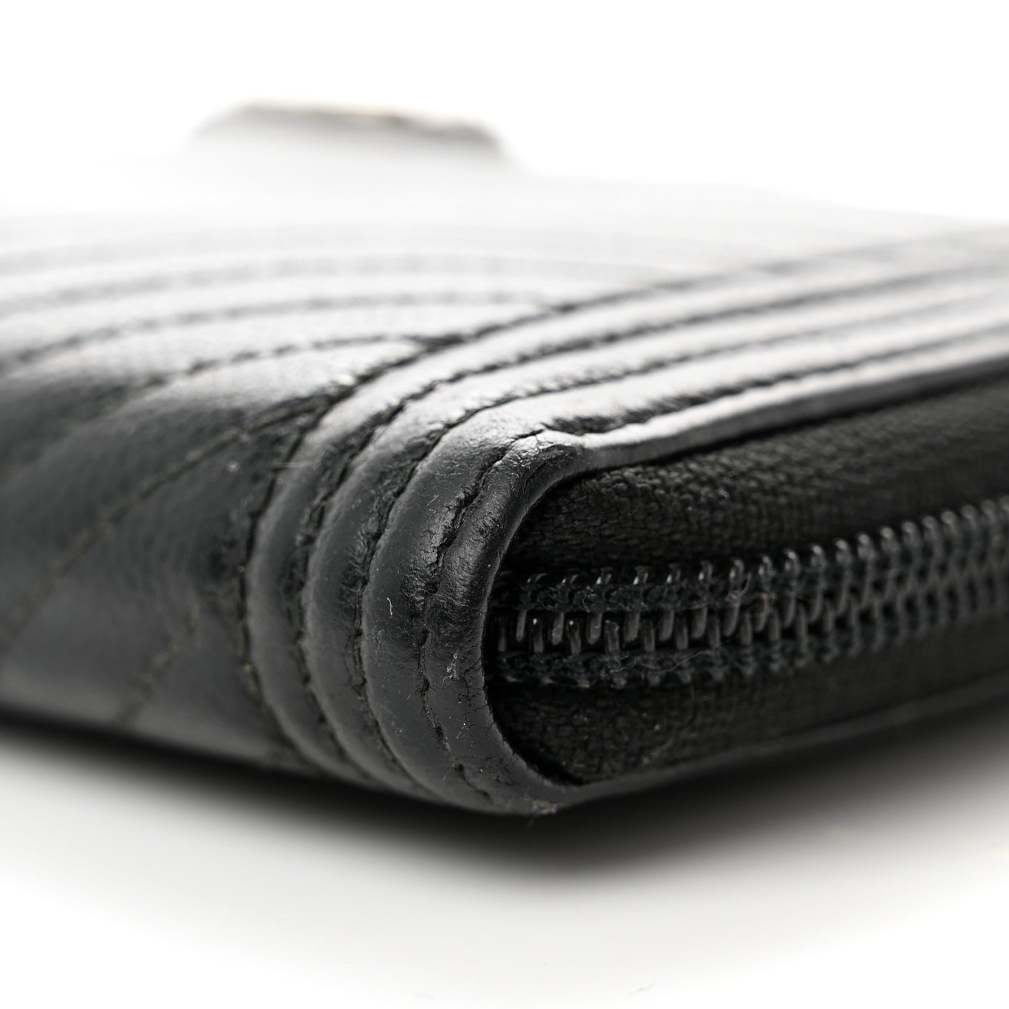 Caviar Chevron Quilted Zip Around Boy Wallet Black