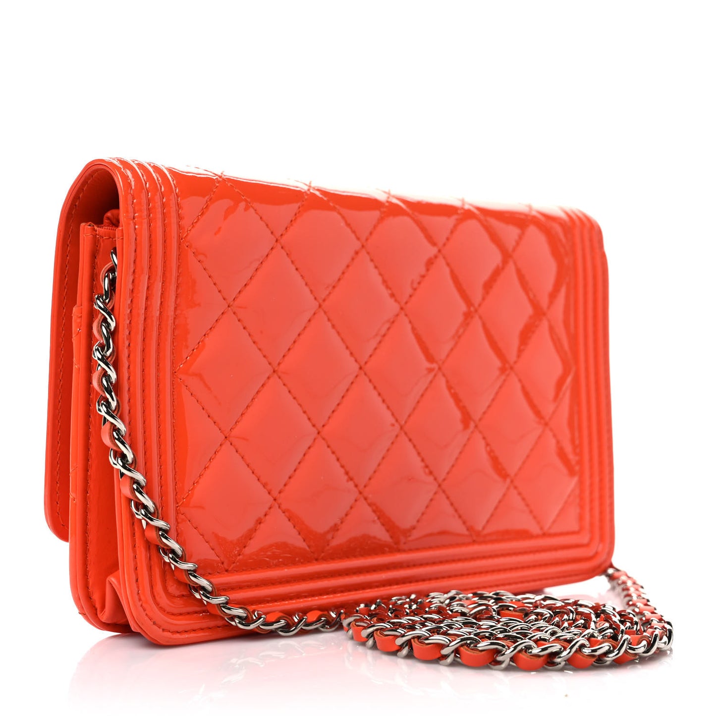 Patent Calfskin Quilted Boy Wallet On Chain WOC Orange
