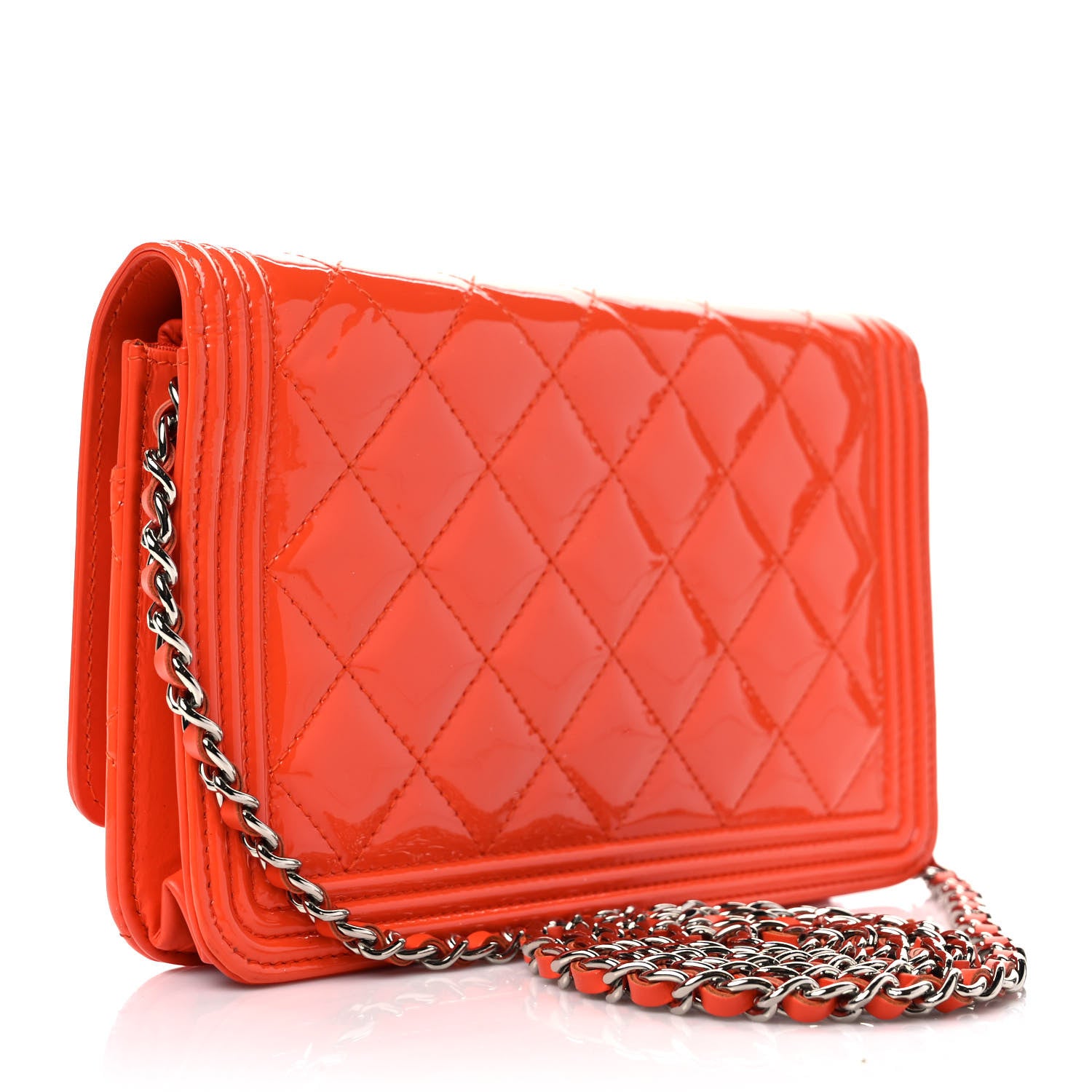 Chanel Patent Calfskin Quilted Boy Wallet On Chain WOC Orange 3 of 10
