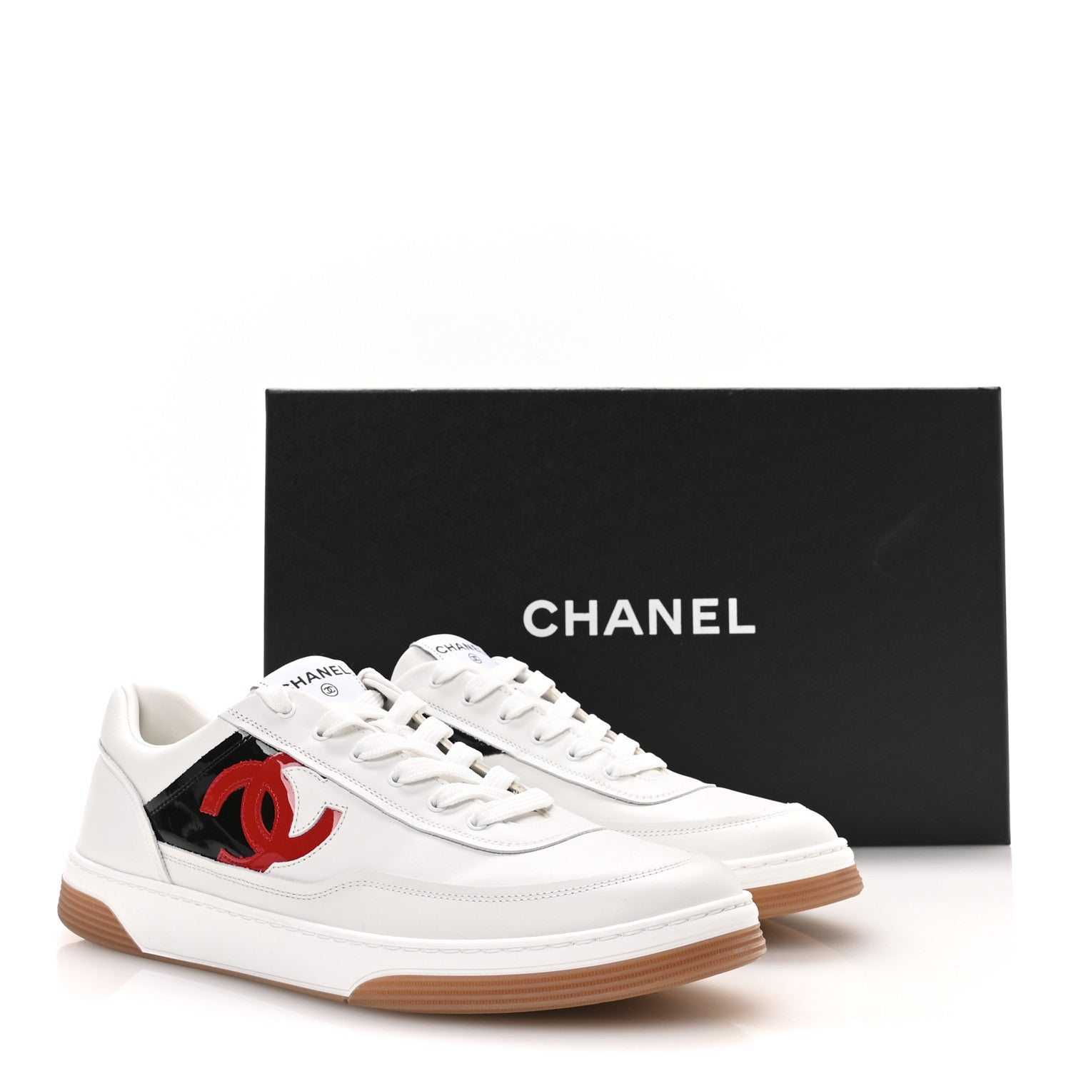 Chanel Calfskin Patent Calfskin Mens CC Sneakers 44 White Black Red 9 of 9