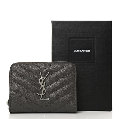 Saint Laurent Grain De Poudre Matelasse Chevron Monogram Compact Zip Around Wallet Earth 3 of 12