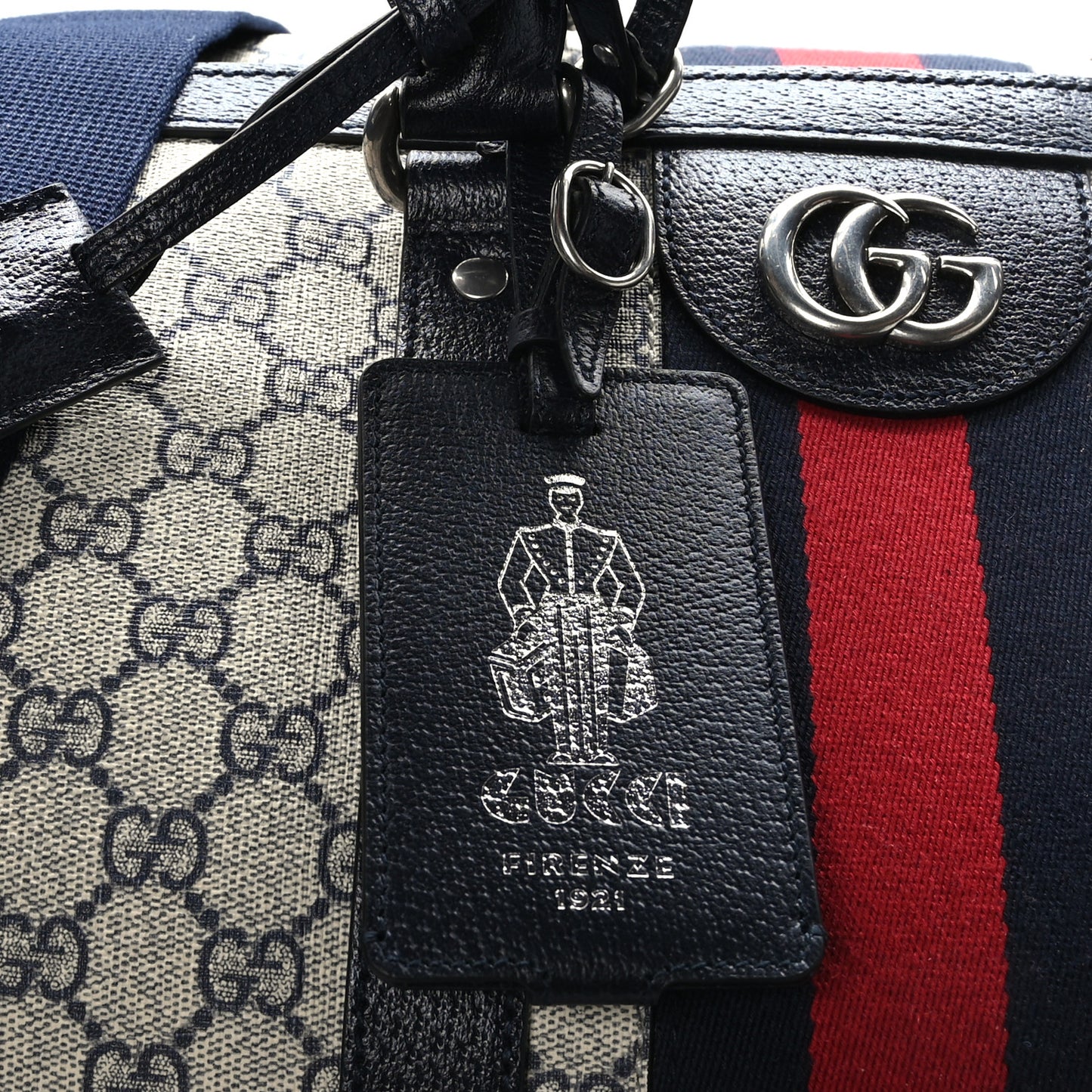 GG Supreme Monogram Textured Dollar Calfskin Web Large Savoy Duffle Bag Beige Blue