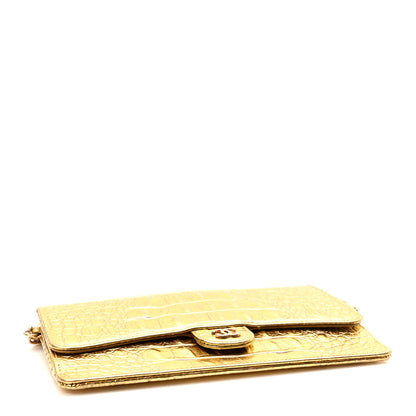 Chanel Calfskin Crocodile Embossed Cocodile Pouch With Chain Handle Gold 3 of 9