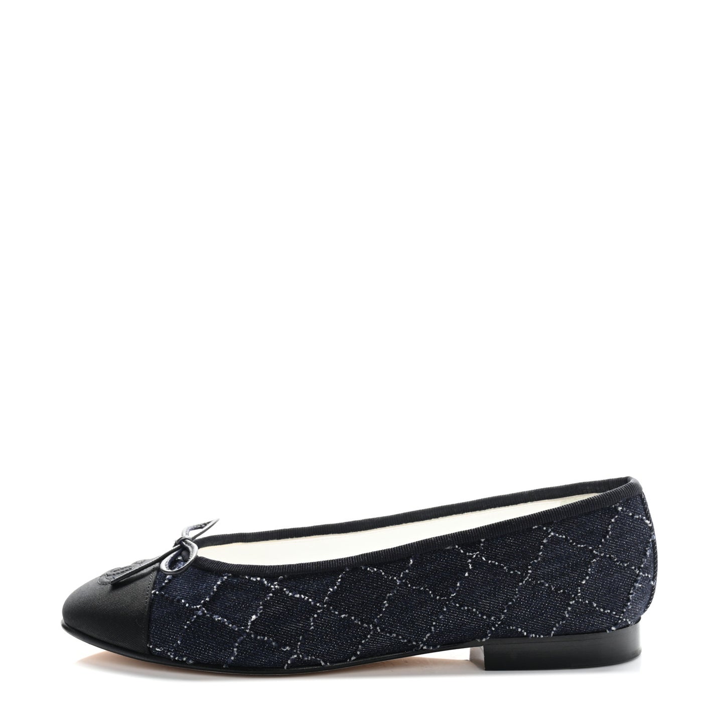 Denim Quilted Grosgrain Cap Toe Ballerina Flats 37 Dark Blue Black