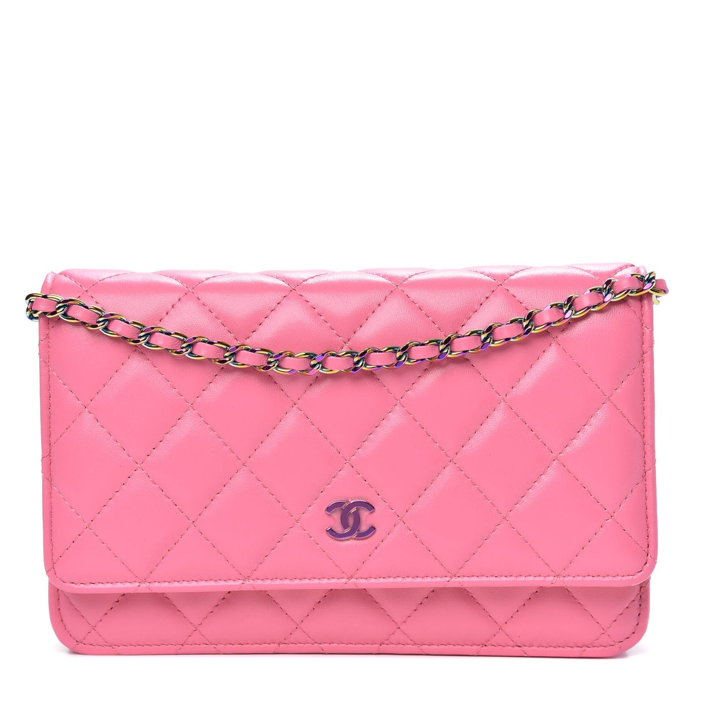 Lambskin Quilted Wallet On Chain WOC Pink Yellow