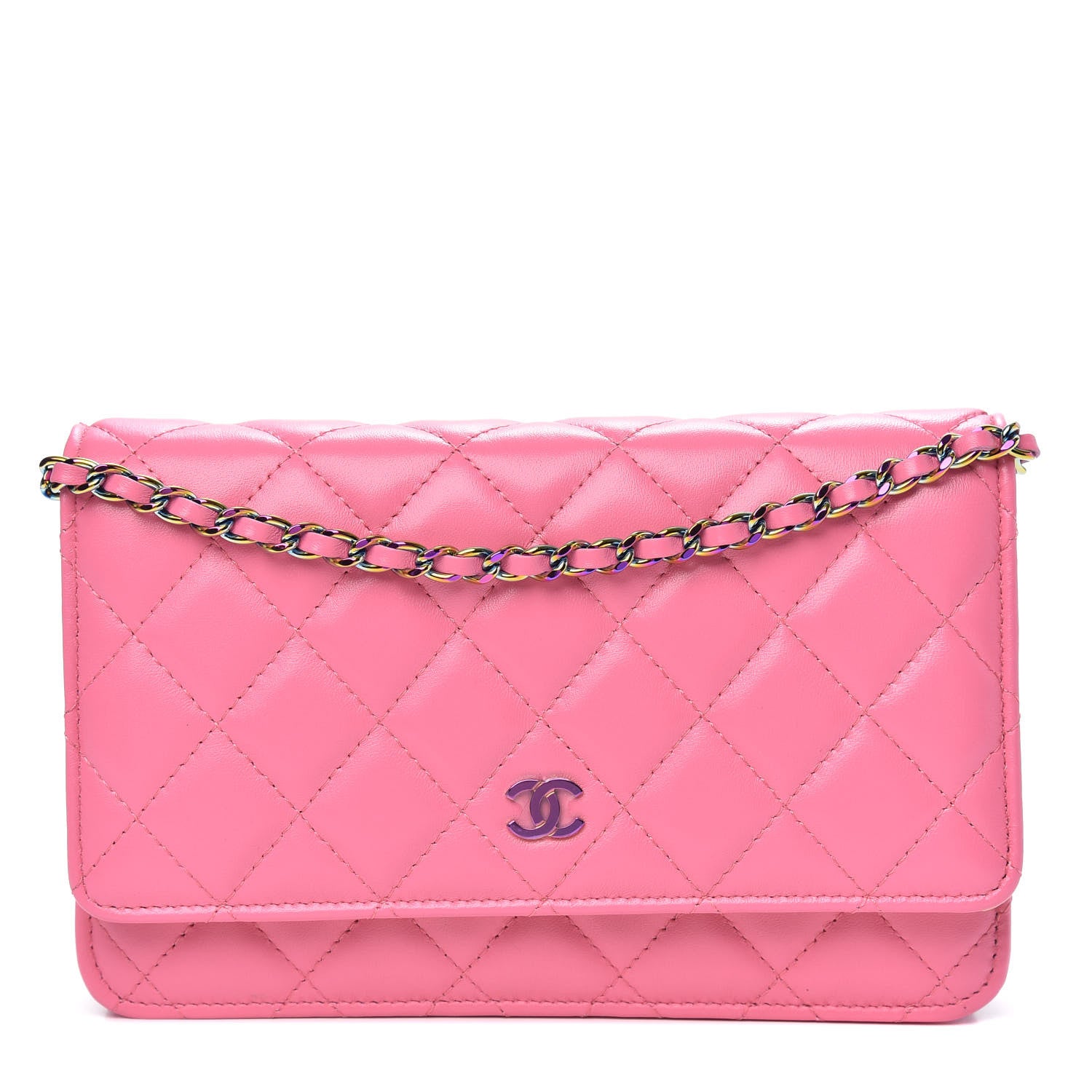 Chanel Lambskin Quilted Wallet On Chain WOC Pink Yellow 1 of 11